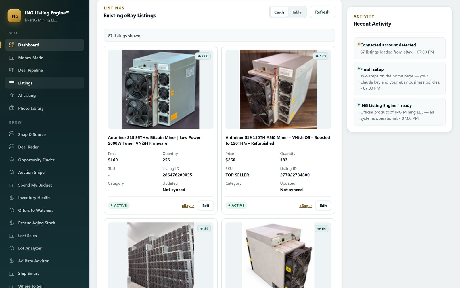 The Listings screen reading 87 listings shown, with the seller's own eBay cards - an Antminer S19 95TH low-power 2800W VNiSH unit at $160 with 688 watchers and quantity 256, and an Antminer S19 110TH VNish OS unit boosted to 120TH at $250 with 173 watchers and quantity 183 - beside a Recent Activity rail reading connected account detected, 87 listings loaded from eBay
